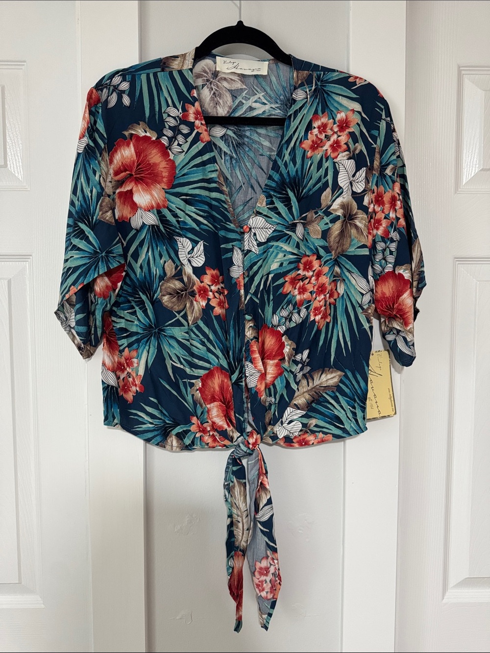 Vintage Havana Navy Hawaiian Floral Print Tie-Front Top